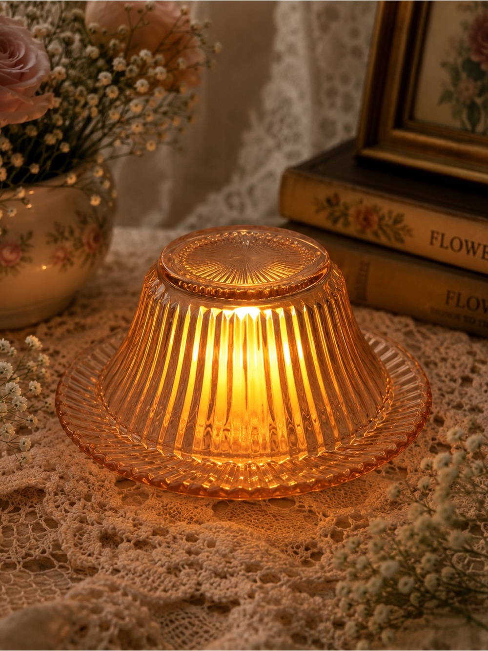 Pink Depression Glass Ribbed Fairy Lamp Bowl & Plate Cottagecore Decor